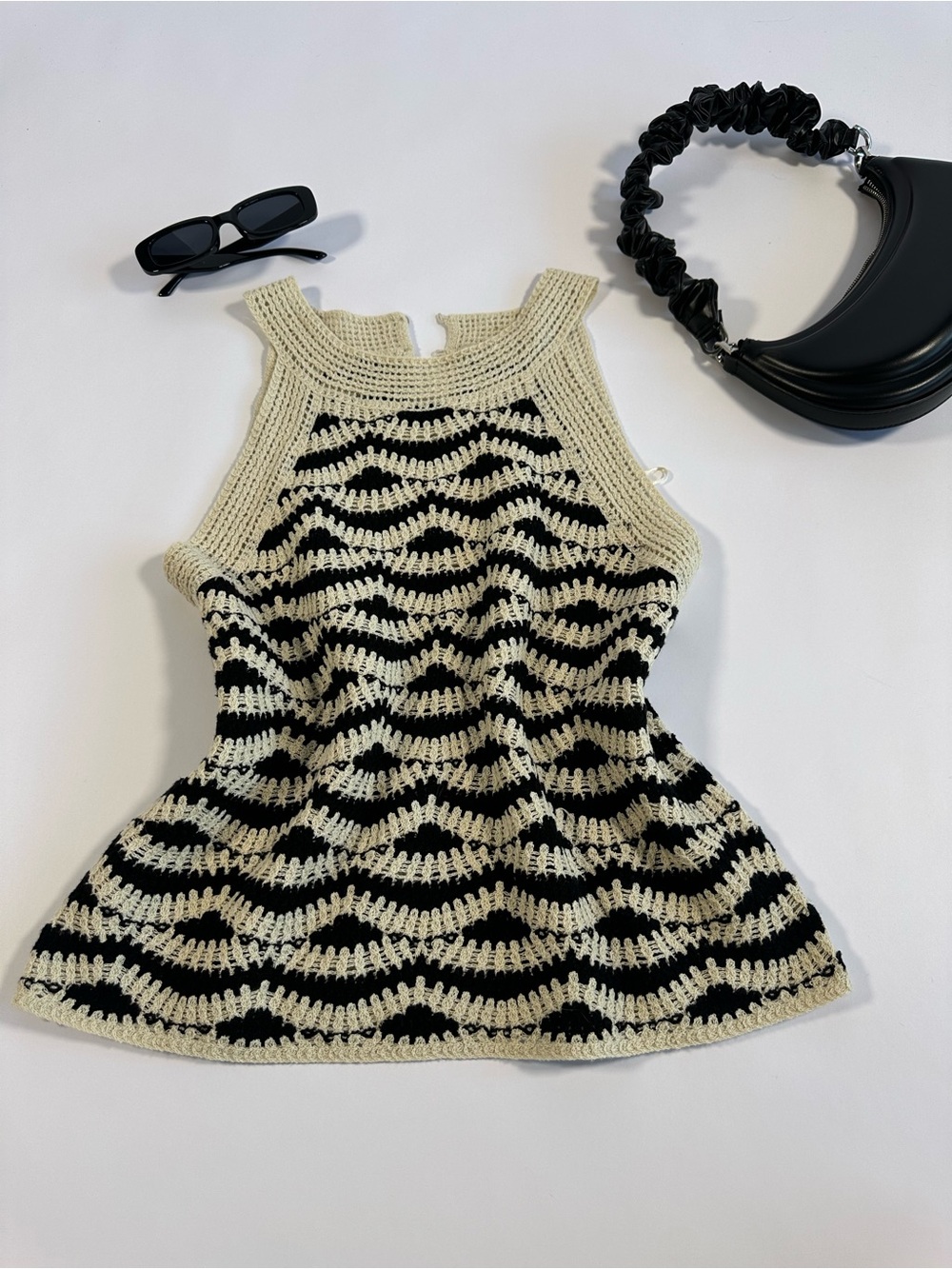 LOFT Black & Cream Crocheted Wave Tank